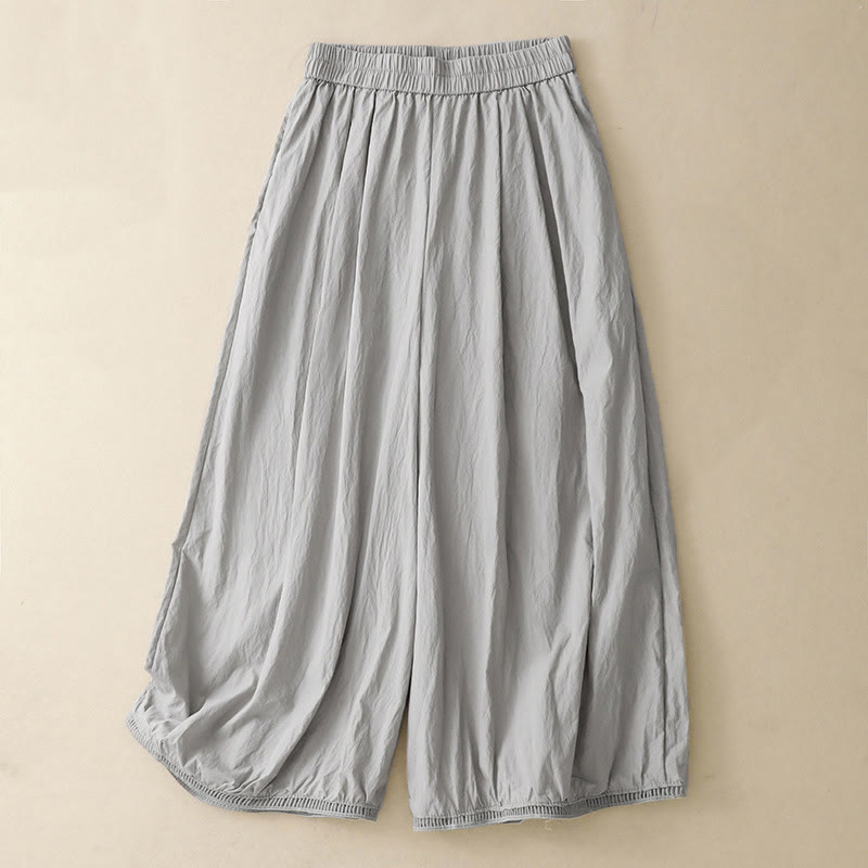 Buddha Stones Casual Hem Hollow Design Women's Cotton 7-8 Length Wide Leg Pants With Pockets
