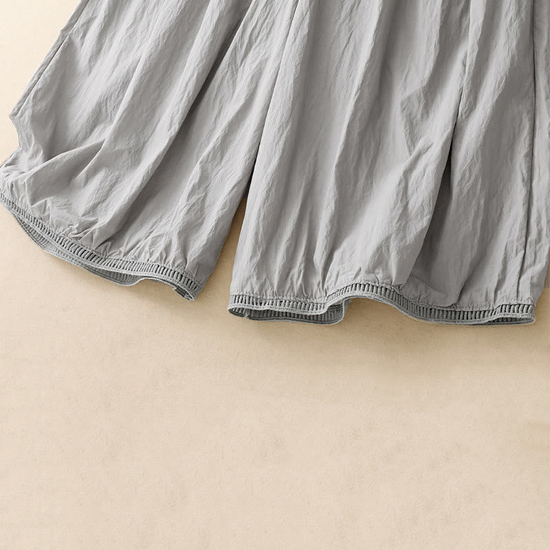 Buddha Stones Casual Hem Hollow Design Women's Cotton 7-8 Length Wide Leg Pants With Pockets