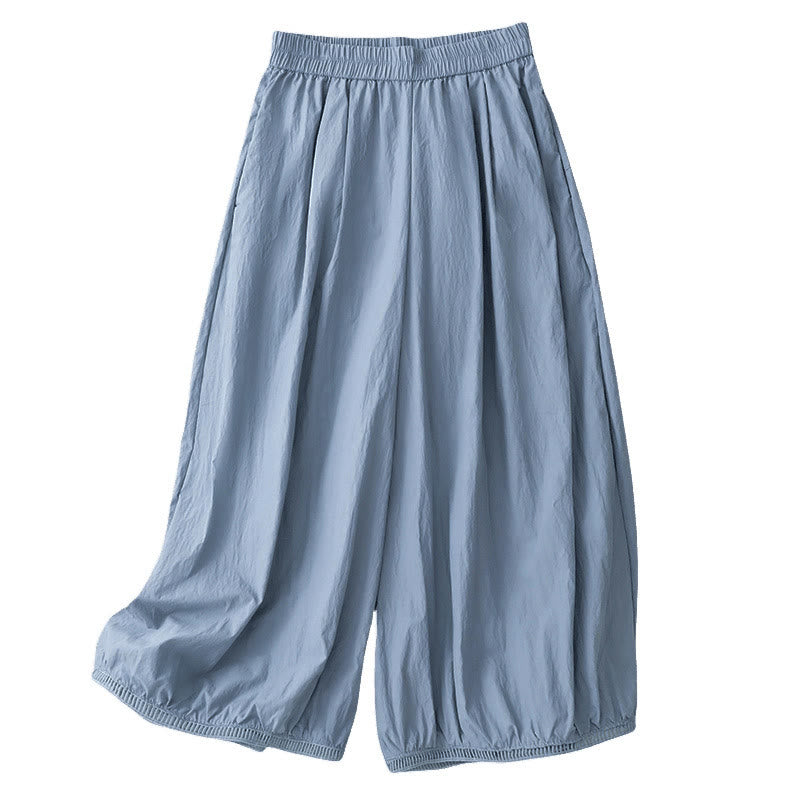 Buddha Stones Casual Hem Hollow Design Women's Cotton 7-8 Length Wide Leg Pants With Pockets