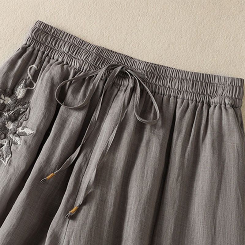 Buddha Stones Commute Embroidery Drawstring Women's Cotton Wide Leg Pants With Pockets