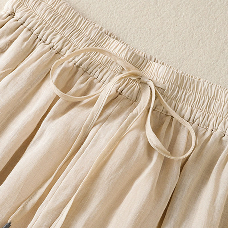 Buddha Stones Commute Embroidery Drawstring Women's Cotton Wide Leg Pants With Pockets