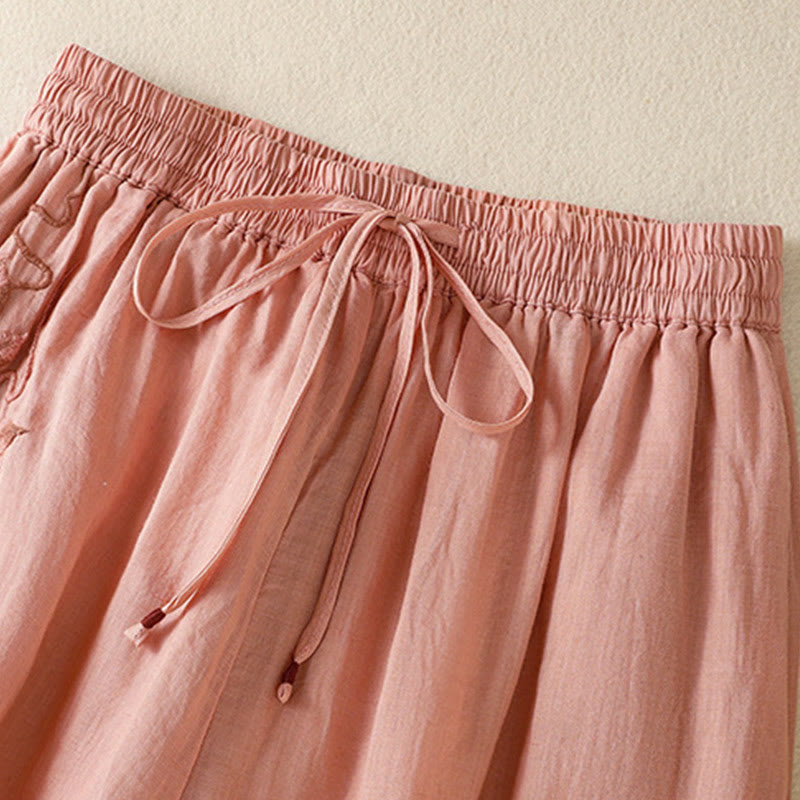 Buddha Stones Commute Embroidery Drawstring Women's Cotton Wide Leg Pants With Pockets