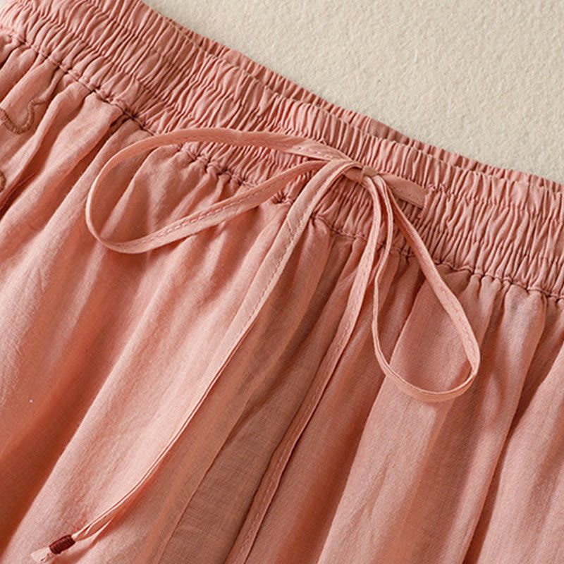 Buddha Stones Commute Embroidery Drawstring Women's Cotton Wide Leg Pants With Pockets