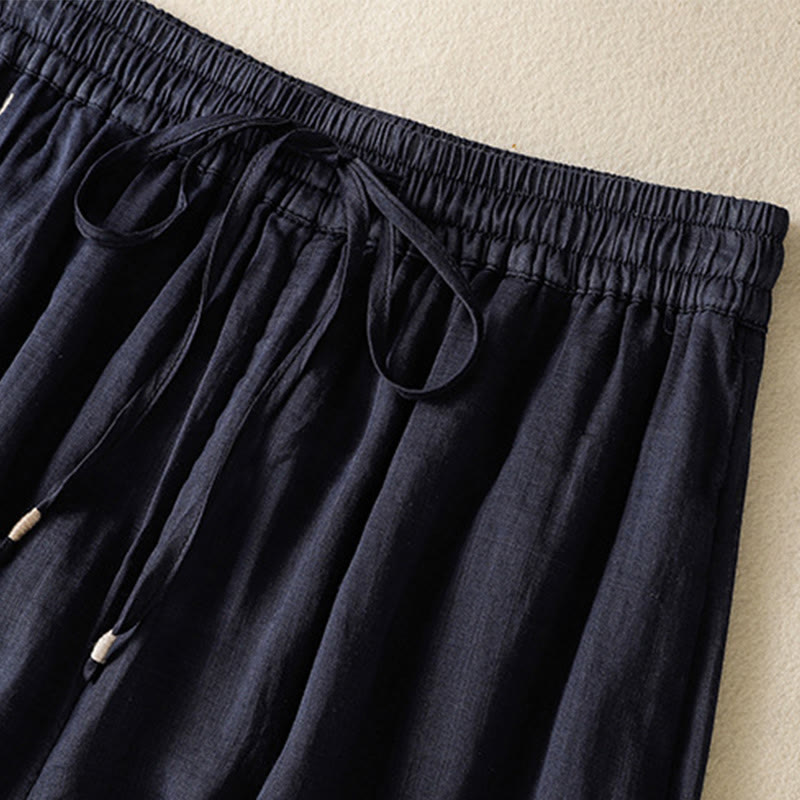 Buddha Stones Commute Embroidery Drawstring Women's Cotton Wide Leg Pants With Pockets