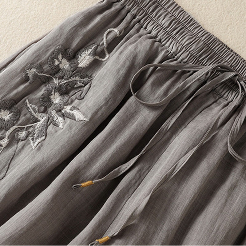 Buddha Stones Commute Embroidery Drawstring Women's Cotton Wide Leg Pants With Pockets