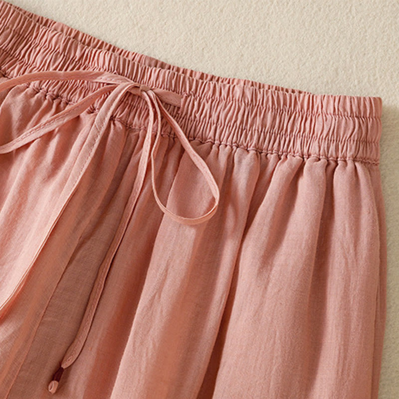 Buddha Stones Commute Embroidery Drawstring Women's Cotton Wide Leg Pants With Pockets