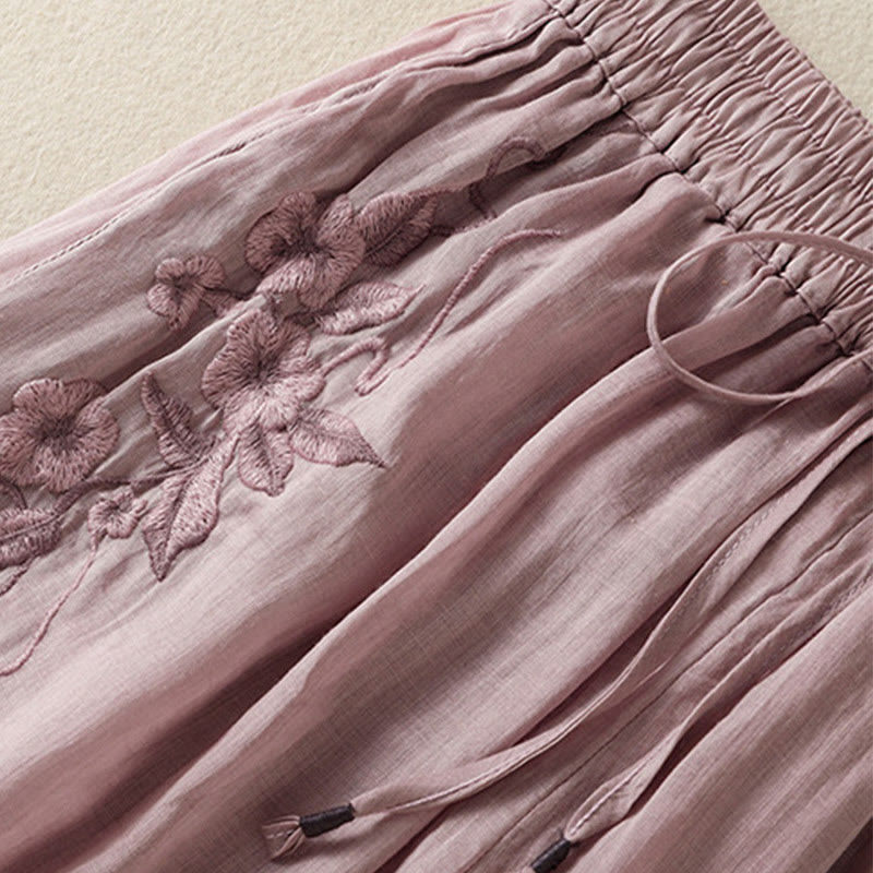 Buddha Stones Commute Embroidery Drawstring Women's Cotton Wide Leg Pants With Pockets