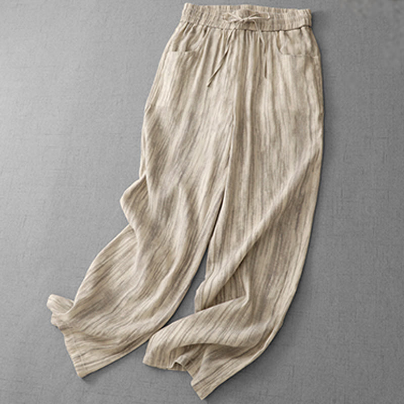 Buddha Stones Casual Tie-Dye Striped Design Drawstring Women's Cotton Wide Leg Pants With Pockets