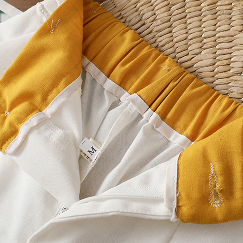 Buddha Stones Casual Hollow Lace Waistband Design Women's Cotton Linen Wide Leg Pants With Pockets