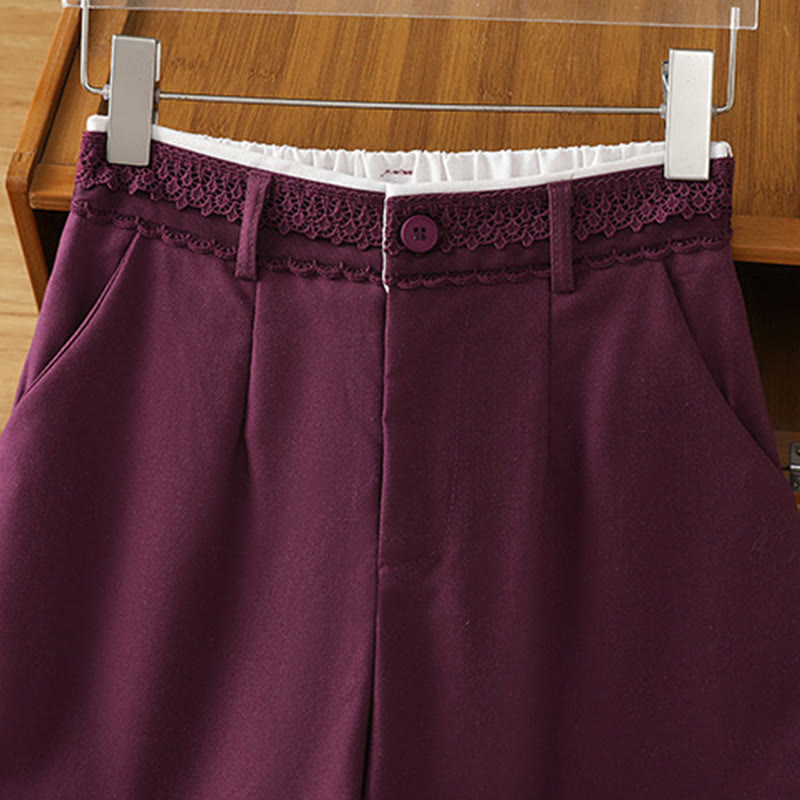 Buddha Stones Casual Hollow Lace Waistband Design Women's Cotton Linen Wide Leg Pants With Pockets