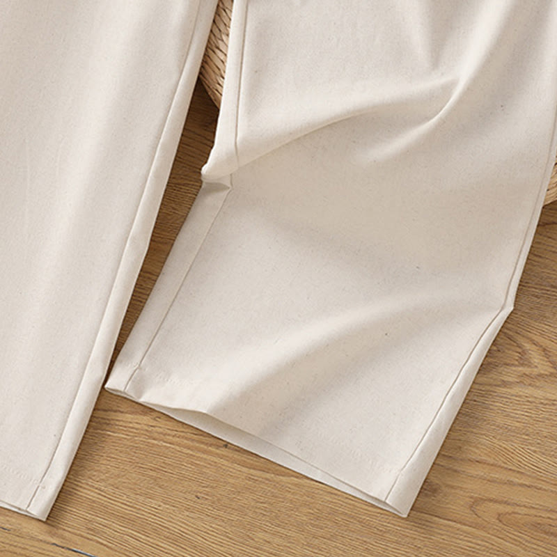 Buddha Stones Casual Hollow Lace Waistband Design Women's Cotton Linen Wide Leg Pants With Pockets