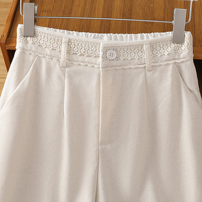 Buddha Stones Casual Hollow Lace Waistband Design Women's Cotton Linen Wide Leg Pants With Pockets