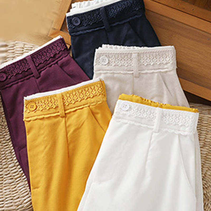 Buddha Stones Casual Hollow Lace Waistband Design Women's Cotton Linen Wide Leg Pants With Pockets