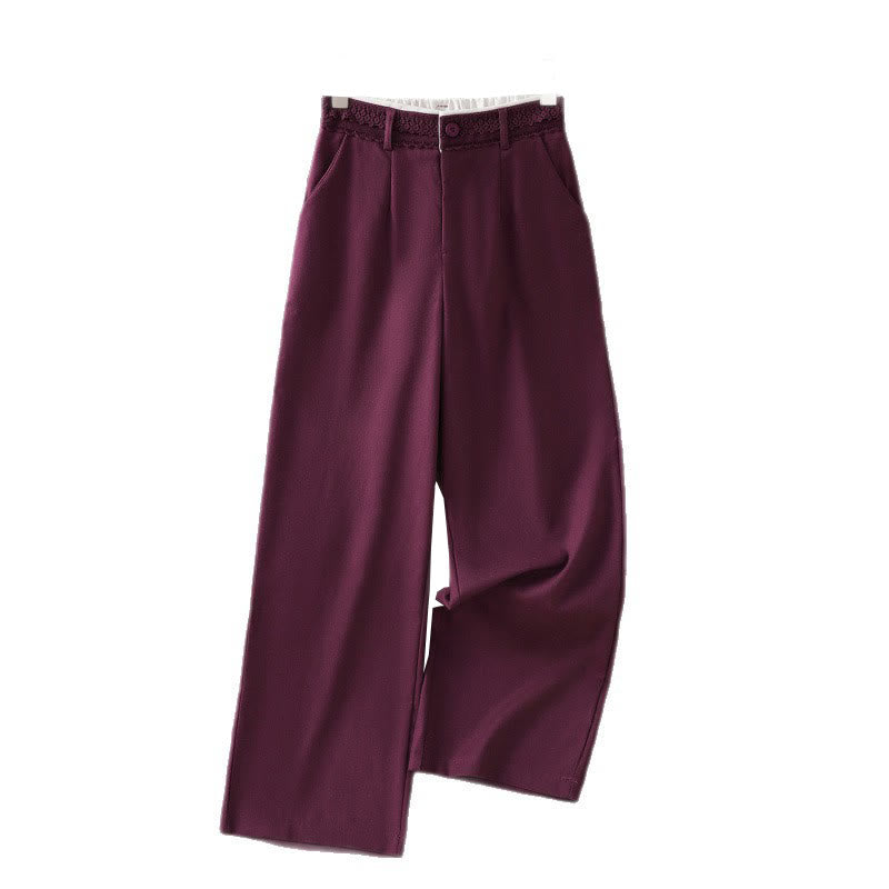 Buddha Stones Casual Hollow Lace Waistband Design Women's Cotton Linen Wide Leg Pants With Pockets