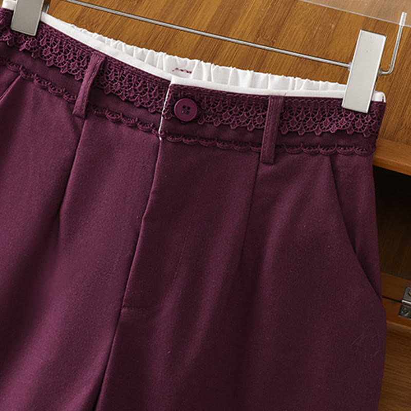 Buddha Stones Casual Hollow Lace Waistband Design Women's Cotton Linen Wide Leg Pants With Pockets