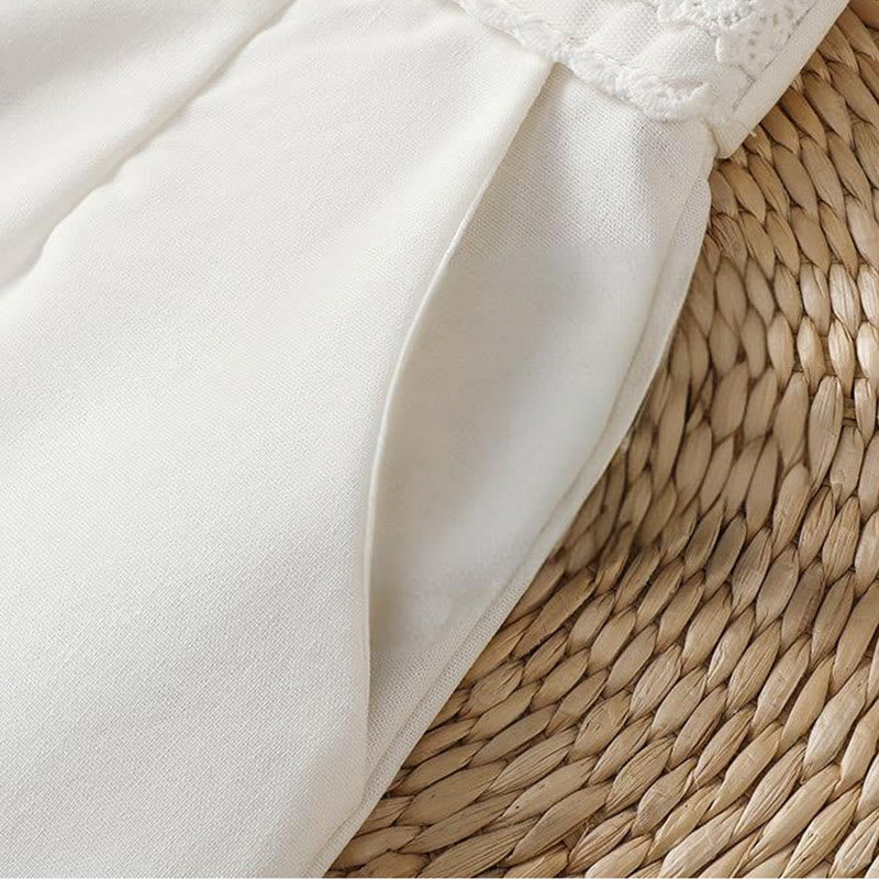 Buddha Stones Casual Hollow Lace Waistband Design Women's Cotton Linen Wide Leg Pants With Pockets