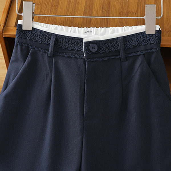 Buddha Stones Casual Hollow Lace Waistband Design Women's Cotton Linen Wide Leg Pants With Pockets