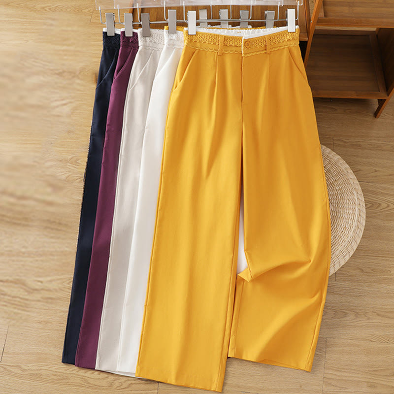 Buddha Stones Casual Hollow Lace Waistband Design Women's Cotton Linen Wide Leg Pants With Pockets