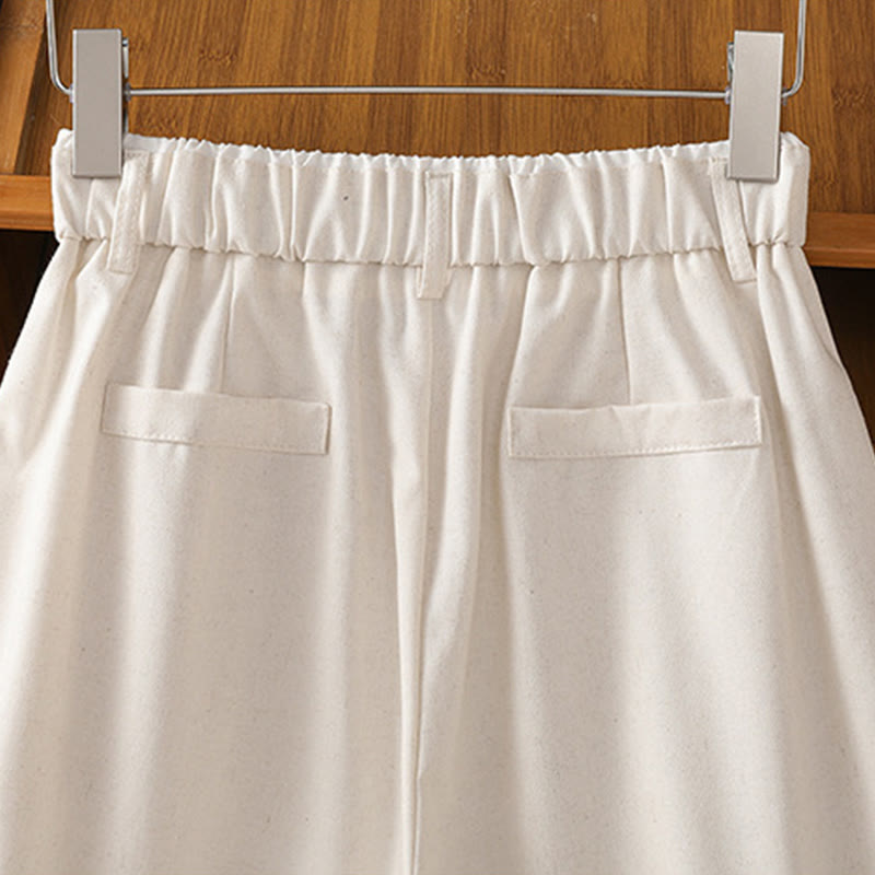 Buddha Stones Casual Hollow Lace Waistband Design Women's Cotton Linen Wide Leg Pants With Pockets