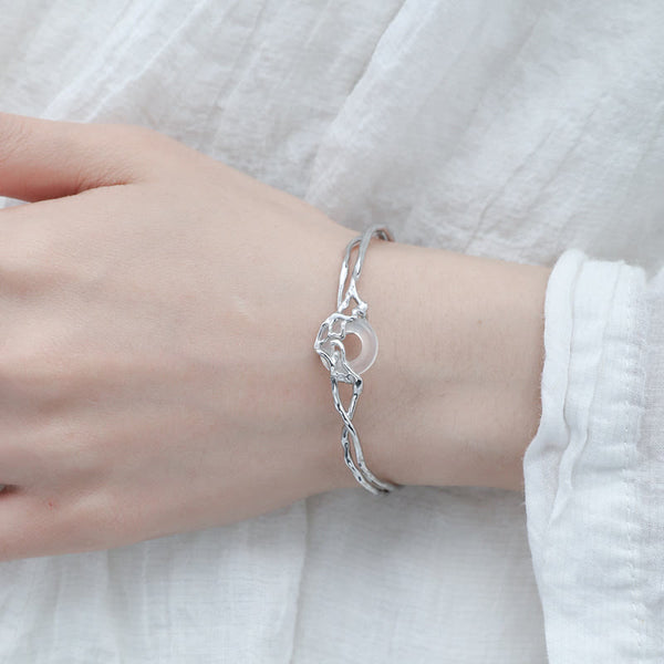 Buddha Stones 925 Sterling Silver Peace Buckle White Agate Protection Bracelet Bangle