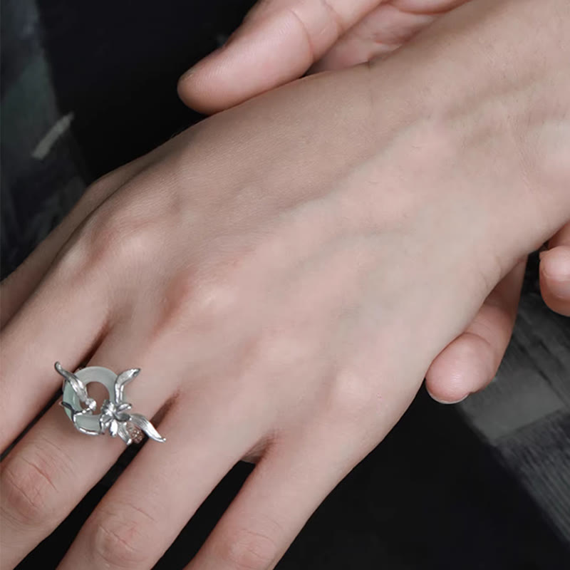 Buddha Stones 925 Sterling Silver Iris Design Peace Buckle Quartzite Jade Balance Ring