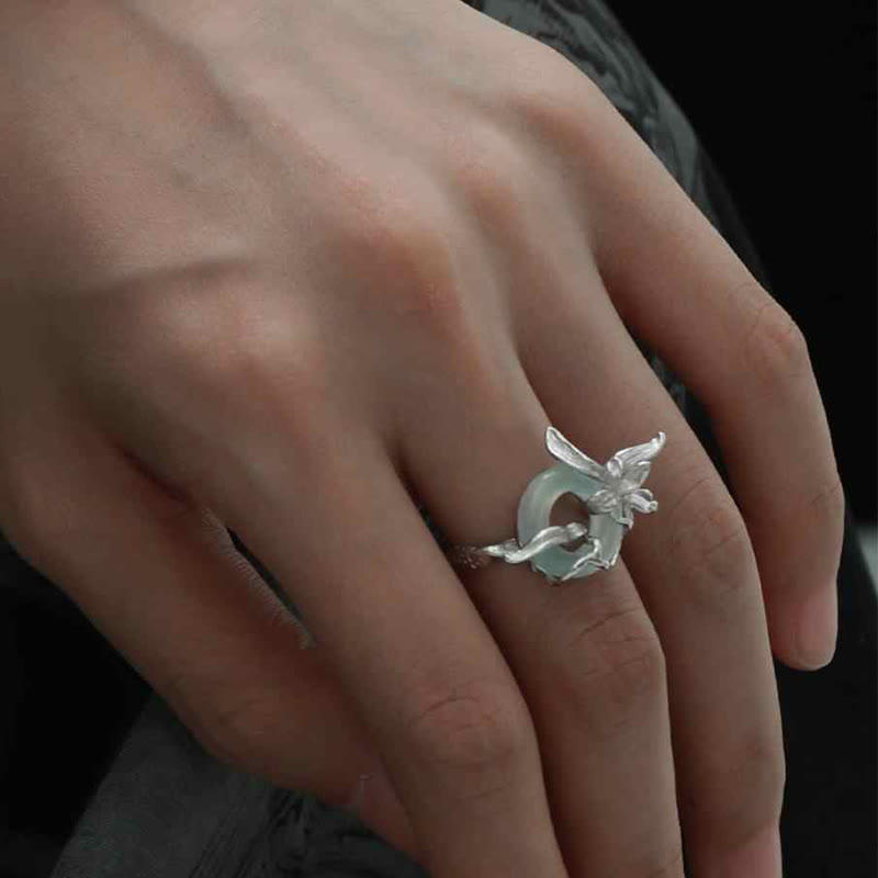 Buddha Stones 925 Sterling Silver Iris Design Peace Buckle Quartzite Jade Balance Ring