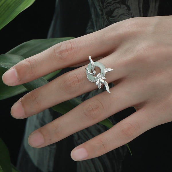 Buddha Stones 925 Sterling Silver Iris Design Peace Buckle Quartzite Jade Balance Ring