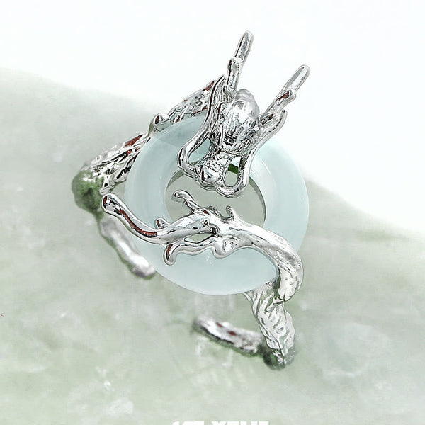 Buddha Stones 925 Sterling Silver Dragon Peace Buckle Quartzite Jade Balance Ring