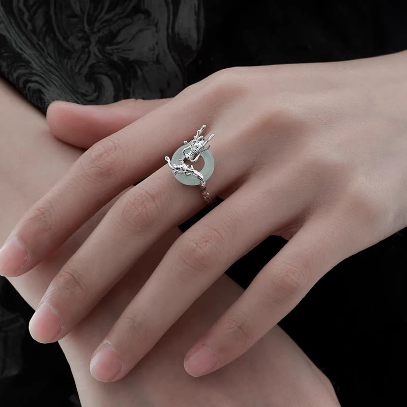 Buddha Stones 925 Sterling Silver Dragon Peace Buckle Quartzite Jade Balance Ring