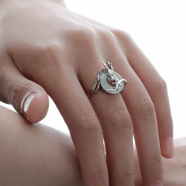 Buddha Stones 925 Sterling Silver Dragon Peace Buckle Quartzite Jade Balance Ring