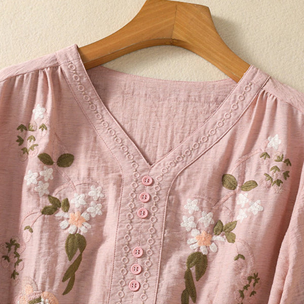 Buddha Stones Embroidery Flowers Leaves Cotton Women's V-neck Shirt