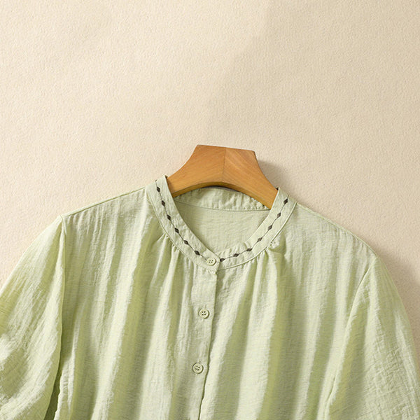 Buddha Stones Embroidery Design Cotton Button Women's Crew Neck Shirt