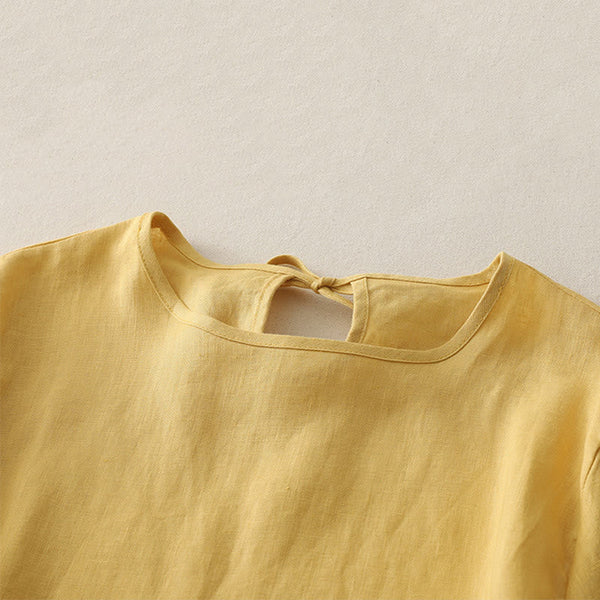 Buddha Stones Casual Plain Ruffled Hem Crew Neck Tie Women's Polyester T-shirt