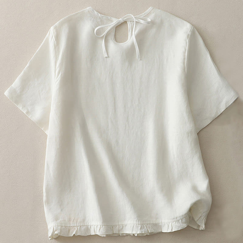 Buddha Stones Casual Plain Ruffled Hem Crew Neck Tie Women's Polyester T-shirt