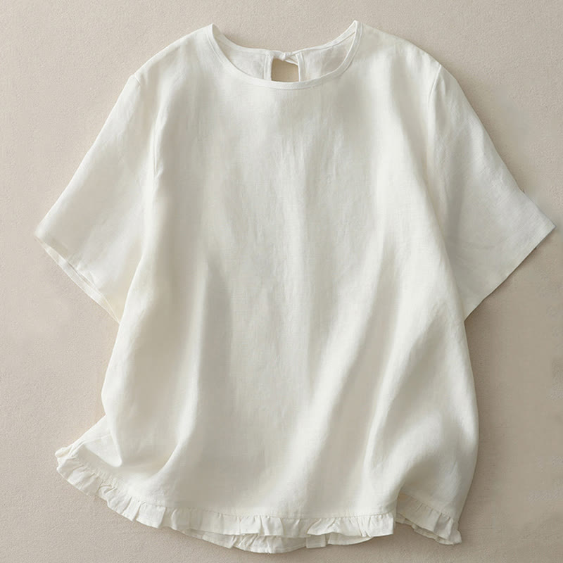 Buddha Stones Casual Plain Ruffled Hem Crew Neck Tie Women's Polyester T-shirt