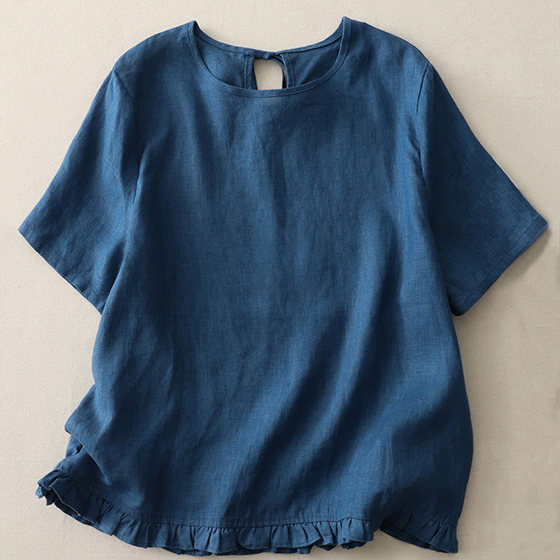 Buddha Stones Casual Plain Ruffled Hem Crew Neck Tie Women's Polyester T-shirt