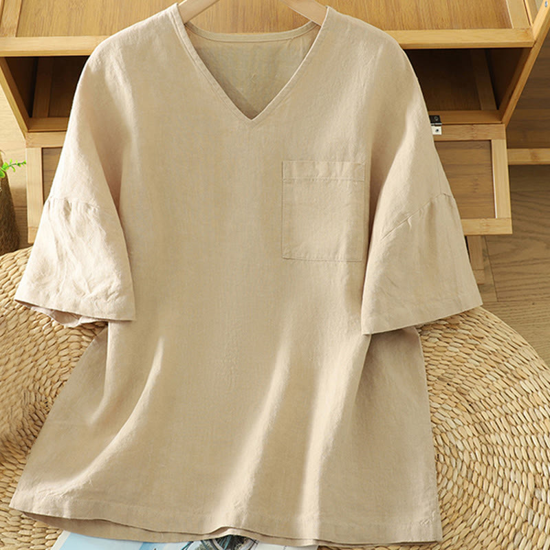 Buddha Stones Casual Plain Women's Cotton Linen V-Neck T-shirt With Pocket