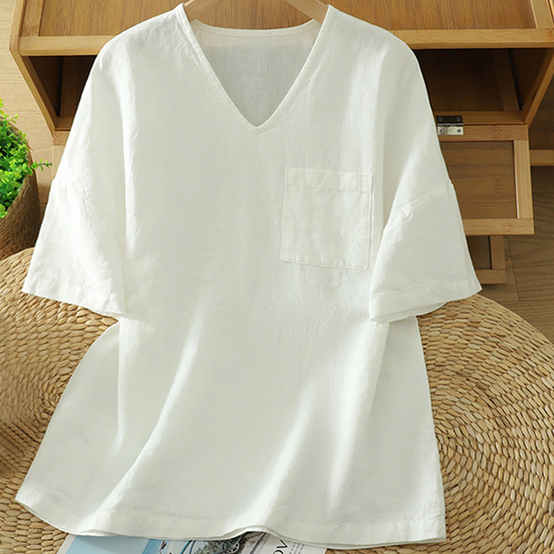 Buddha Stones Casual Plain Women's Cotton Linen V-Neck T-shirt With Pocket