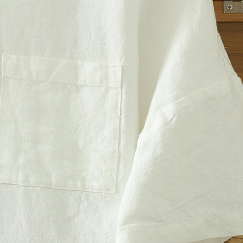 Buddha Stones Casual Plain Women's Cotton Linen V-Neck T-shirt With Pocket