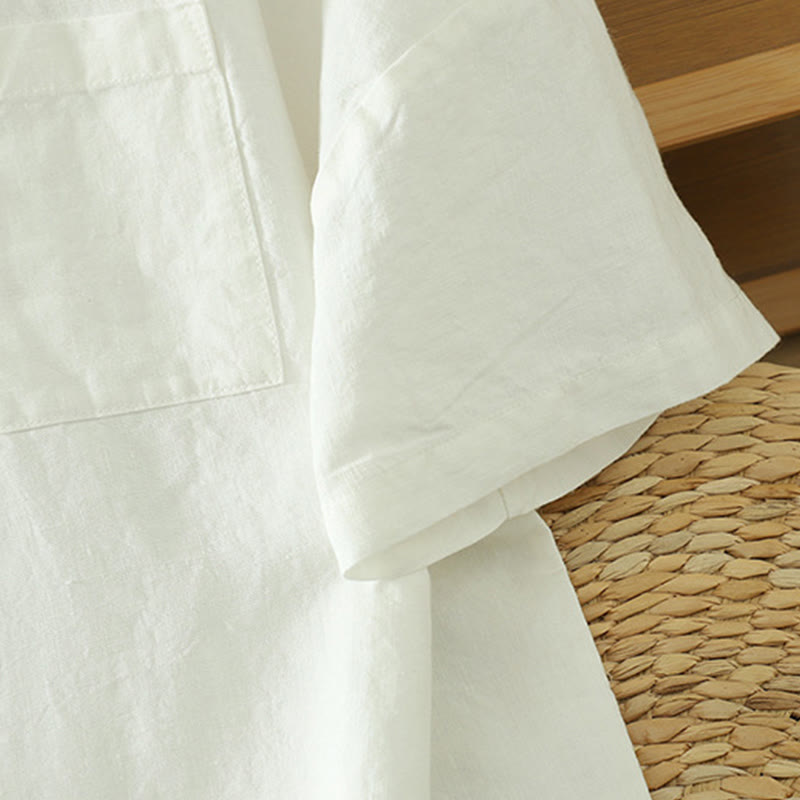 Buddha Stones Casual Plain Women's Cotton Linen V-Neck T-shirt With Pocket