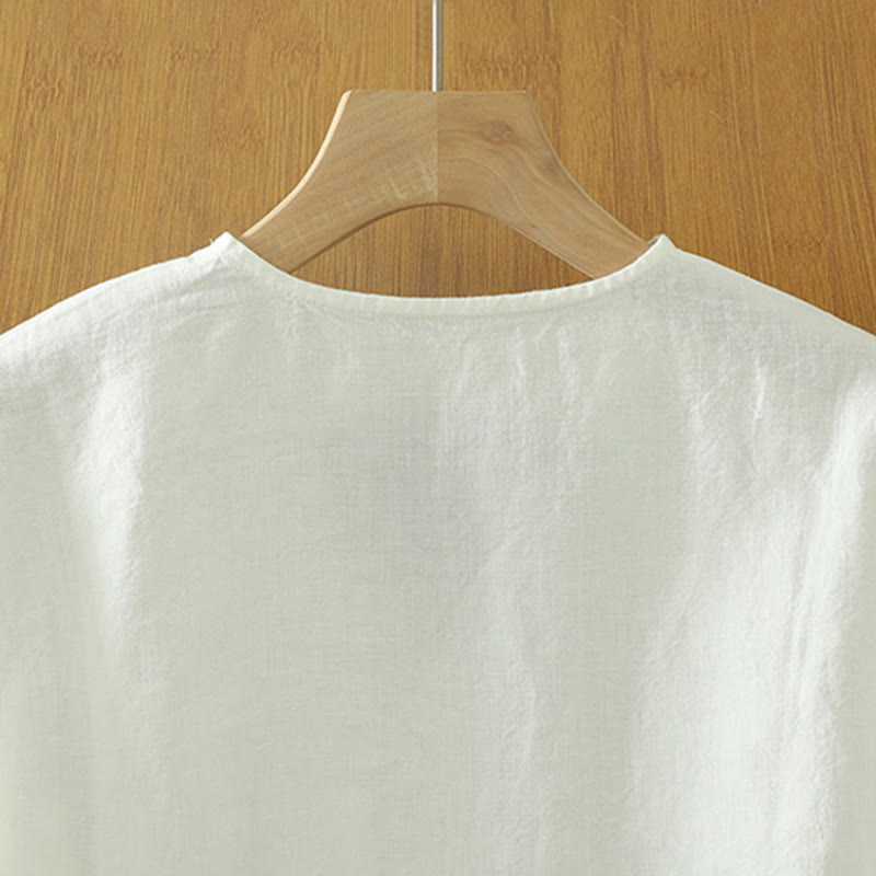 Buddha Stones Casual Plain Women's Cotton Linen V-Neck T-shirt With Pocket