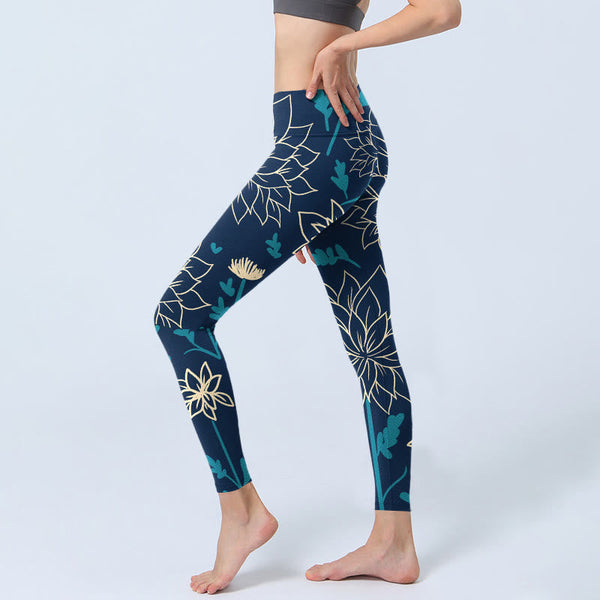 Buddha Stones Beige Flowers Blue Leaves Print Gym Leggings Women's Yoga Pants