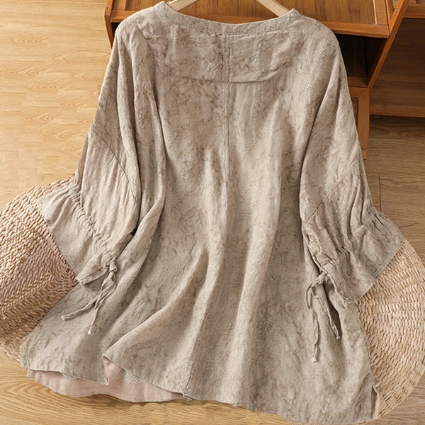 Buddha Stones Casual Crew Neck Women's Lace-up Half Sleeve Shirt