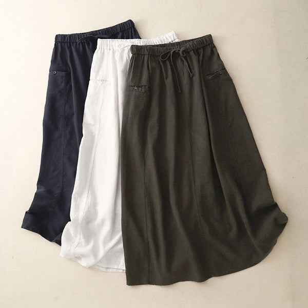 Buddha Stones Drawstring A-line Elastic Waist Cotton Women's Skirt With Button Pockets