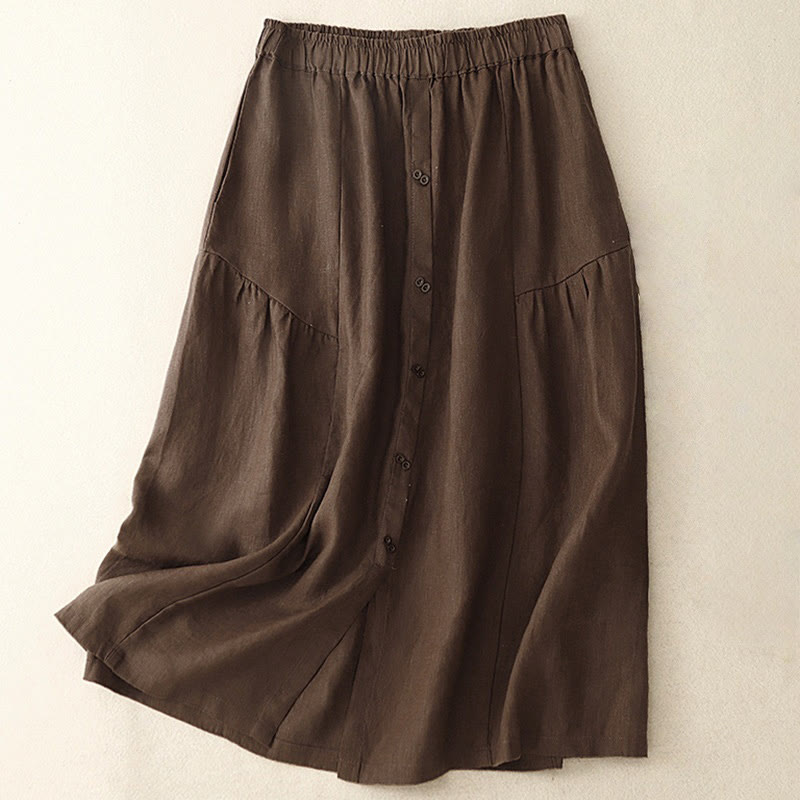 Buddha Stones A-line Buttons Slit Design Elastic Waist Cotton Women's Skirt With Pockets