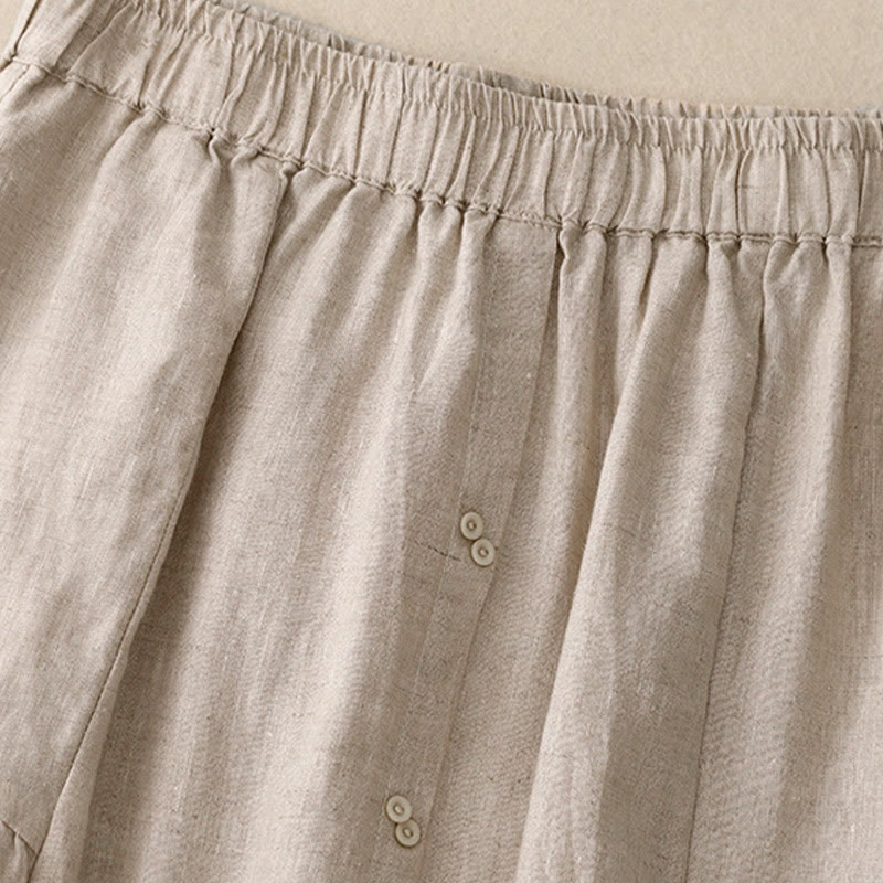 Buddha Stones A-line Buttons Slit Design Elastic Waist Cotton Women's Skirt With Pockets