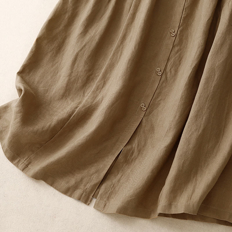 Buddha Stones A-line Buttons Slit Design Elastic Waist Cotton Women's Skirt With Pockets