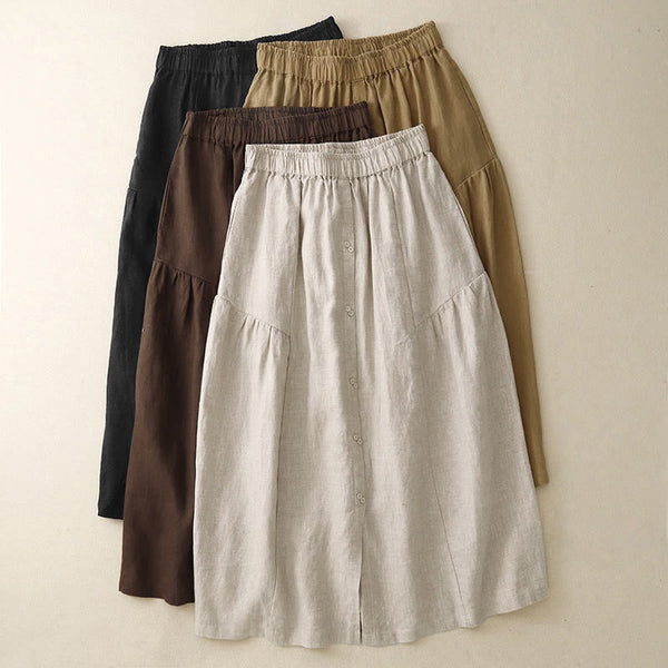Buddha Stones A-line Buttons Slit Design Elastic Waist Cotton Women's Skirt With Pockets