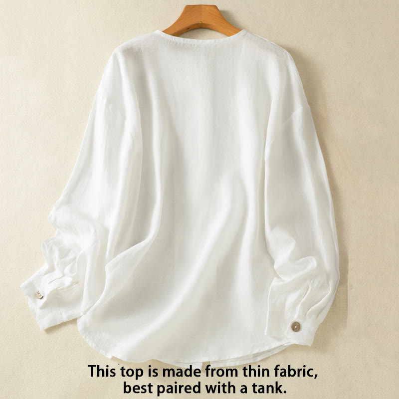 Buddha Stones Casual Spring Plain Buttons Design V-Neck Long Sleeve Women's Cotton Linen Shirt
