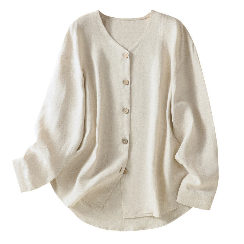 Buddha Stones Casual Spring Plain Buttons Design V-Neck Long Sleeve Women's Cotton Linen Shirt